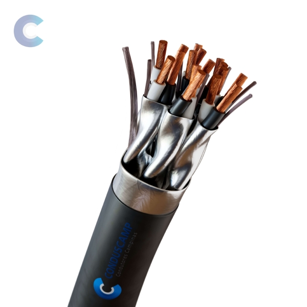 A imagem mostra um cabo elétrico preto formado por 6 pares de fios, com blindagem. Os 6 pares são feitos de cobre nu, e cada uma coberta por uma camada de isolamento colorida com cores diferentes.