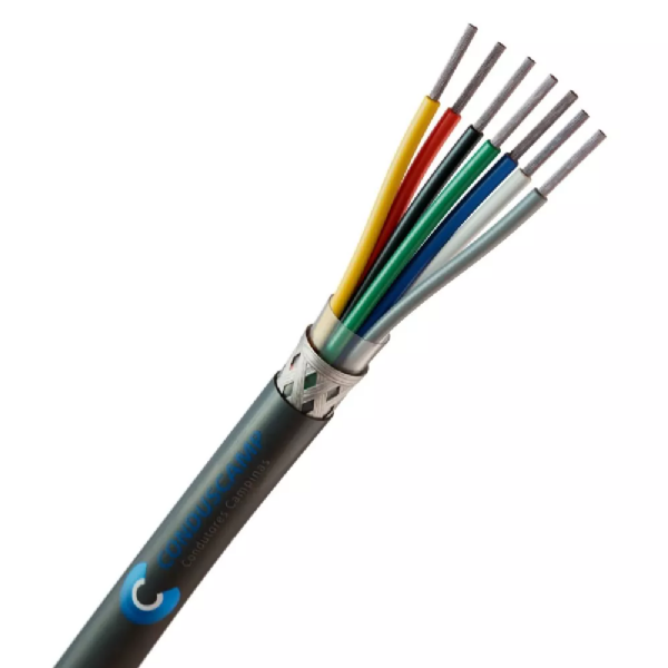 A imagem mostra um cabo elétrico preto com 7 vias internas, com blindagem. As duas vias são feitas de cobre estanhado, e cada uma coberta por uma camada de isolamento colorida com cores diferentes.