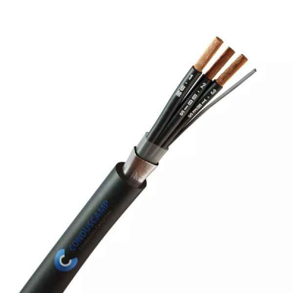 A imagem mostra um cabo elétrico preto com 3 vias internas, blindado. As 3 vias são feitas de cobre, estão cobertas por uma camada de isolamento preto e são envoltas por uma fita aluminizada.