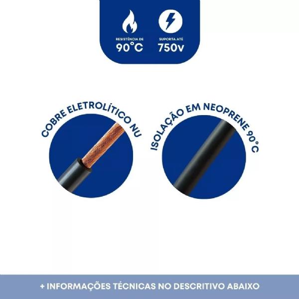 Imagem sobre as características do cabo de solda de 35mm2: resistente até 90 graus, suporta até 750V, isolação e capa em neoprene.