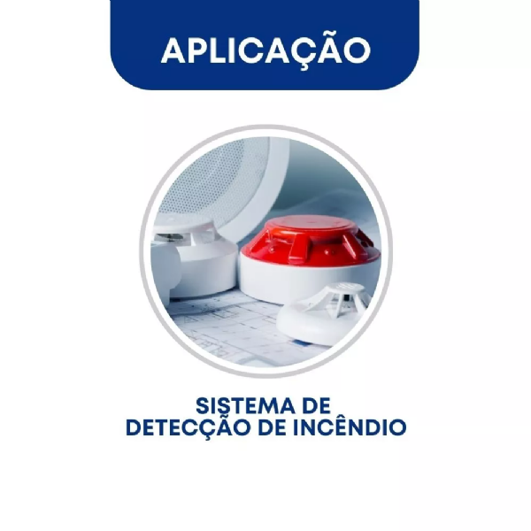 Imagem com foto e texto sobre aplicações e utilização do cabo de incêndio de 4 vias de 2,5mm2: sistema de detecção de incêndio.