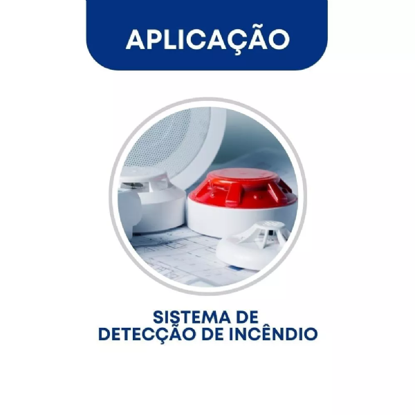 Imagem com foto e texto sobre aplicações e utilização do cabo de incêndio de 4 vias de 1,5mm2: sistema de detecção de incêndio.