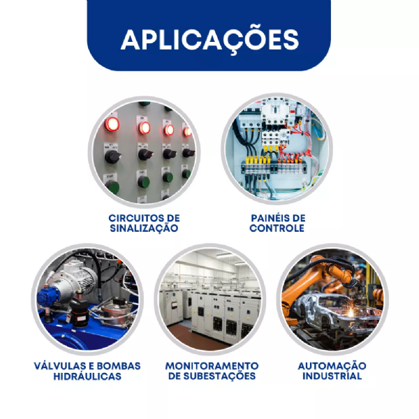 Imagem sobre aplicações do cabo de comando blindado 7 vias de 1mm2: circuito de sinalização, painel de controle, válvulas e bombas hidráulicas, monitoramento de subestação e automação industrial.