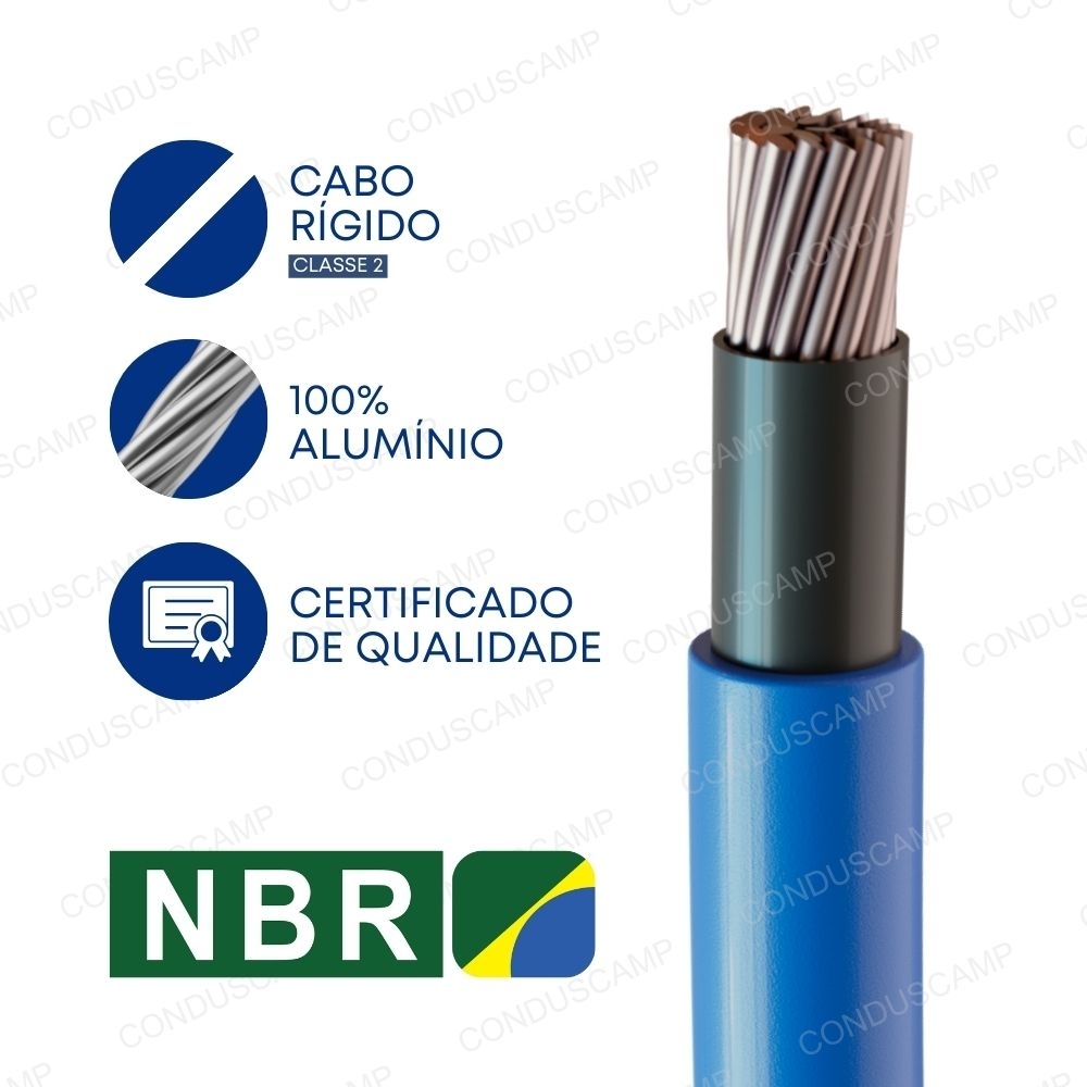 Imagem de um cabo rígido de alumínio classe 2 com isolação azul. Destaca suas características: 100% alumínio, certificado de qualidade e conformidade com normas NBR.