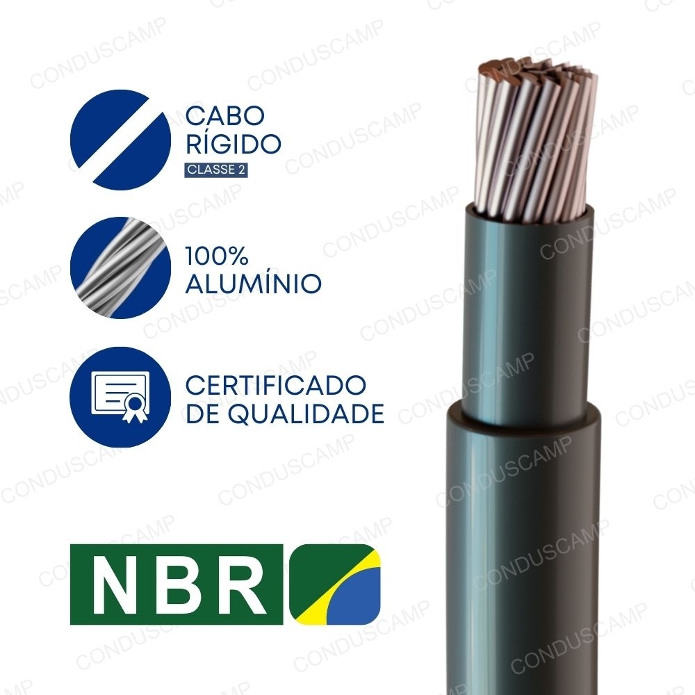 Imagem de um cabo rígido de alumínio classe 2 com isolação preta. Destaca suas características: 100% alumínio, certificado de qualidade e conformidade com normas NBR.