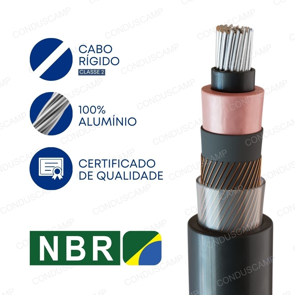 Imagem de um cabo elétrico preto, parcialmente descascado, exibindo condutor de alumínio, isolação e blindagem. Ícones destacam que é rígido classe 2, 100% alumínio e certificado NBR.
