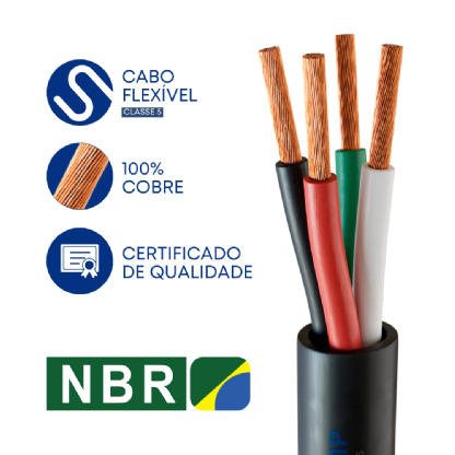 Imagem sobre a qualidade de cabo de comando colorido de 2 vias de 0,50mm2 sem blindagem.  Cabo flexível, condutor 100% cobre eletrolítico nu,  produzido seguindo a NBR e certificado de qualidade.