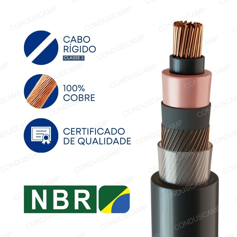 Imagem de um cabo elétrico preto, parcialmente descascado, exibindo condutor de cobre, isolação e blindagem. Ícones destacam que é rígido classe 2, 100% cobre e certificado NBR.