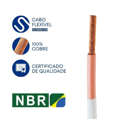 A imagem informa a qualidade do cabo de silicone. Mostra cabo de capa marrom coberta por uma fibra de vidro e ícones com textos: "Cabo Flexível classe 5", "100% Cobre" e "Certificado de Qualidade".
